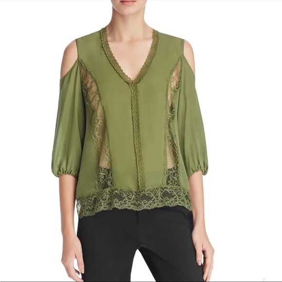 ALICE‎ + OLIVIA Farah Cold Shoulder Lace Trim Silk Top Sage Green Size Small - Picture 2 of 9